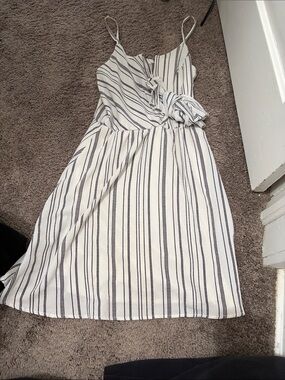 Striped White and Black Tie-Front Midi Dress
